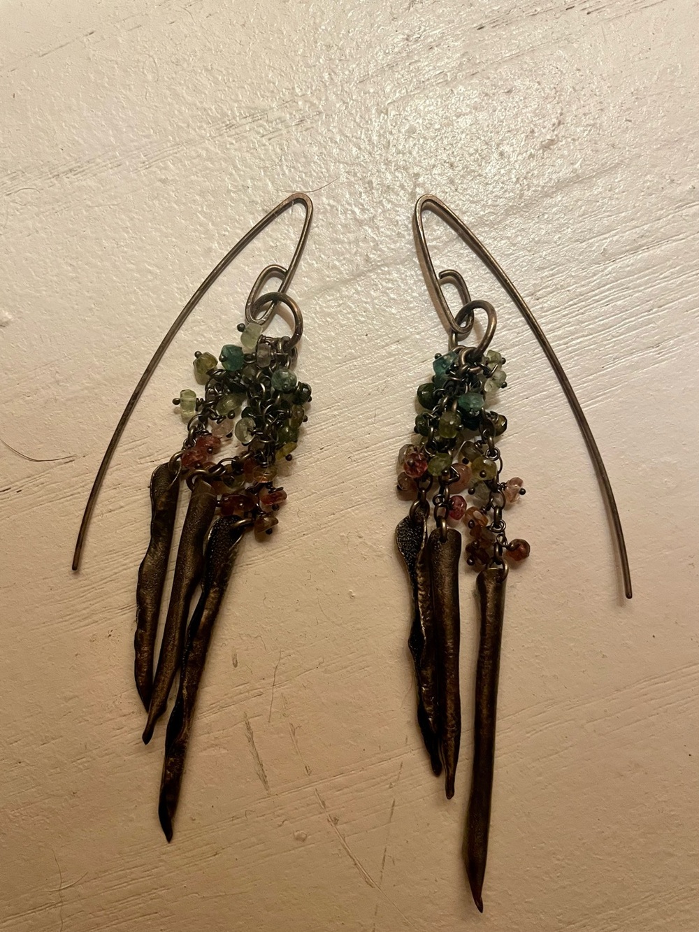 Handcrafted Artisan Oxidized Sterling Multicolor Gem Cluster Dangle Earrings